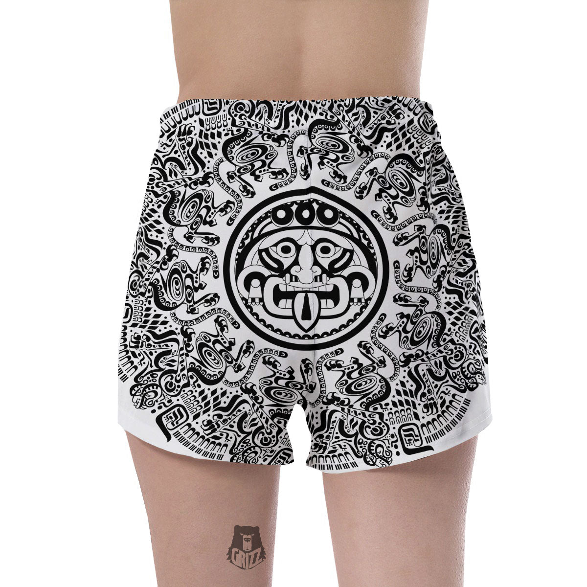 Maya Calendar White And Black Print Women's Shorts-grizzshop
