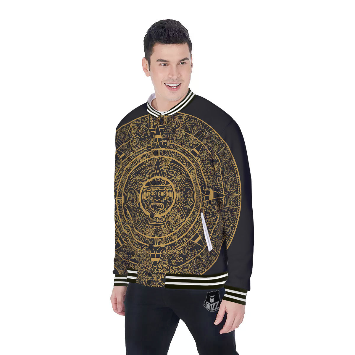 Maya Calendar Yellow And Black Print Baseball Jacket-grizzshop