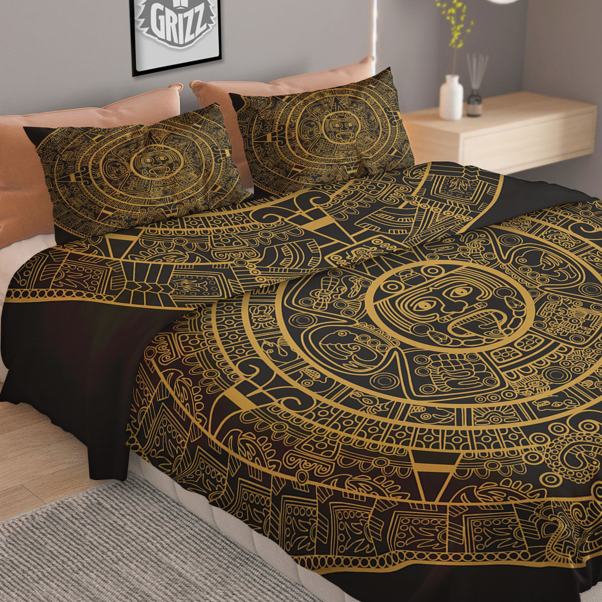 Maya Calendar Yellow And Black Print Duvet Cover Bedding Set