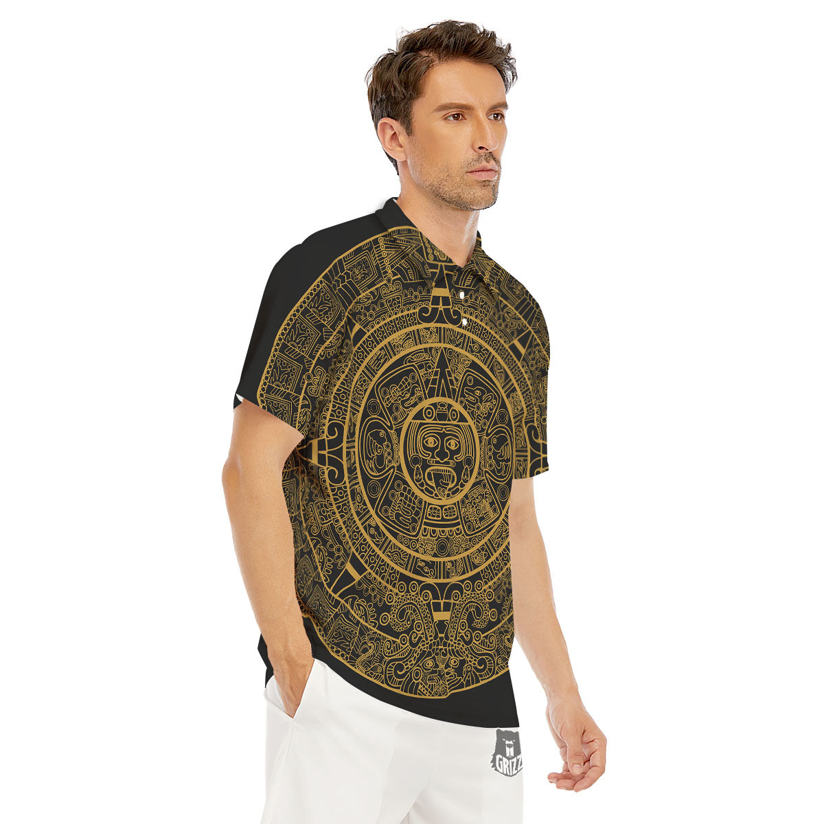 Maya Calendar Yellow And Black Print Men's Golf Shirts-grizzshop