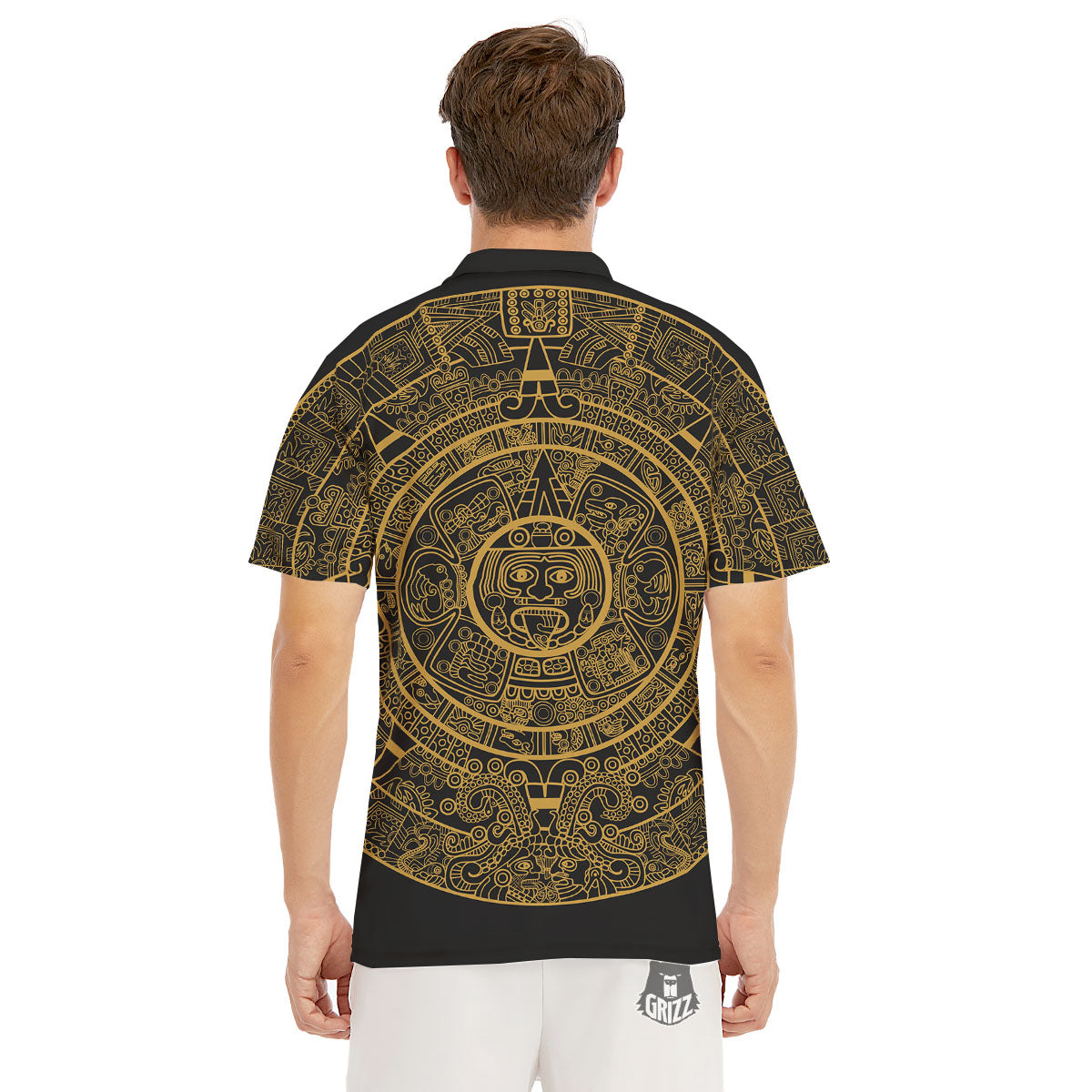 Maya Calendar Yellow And Black Print Men's Golf Shirts-grizzshop