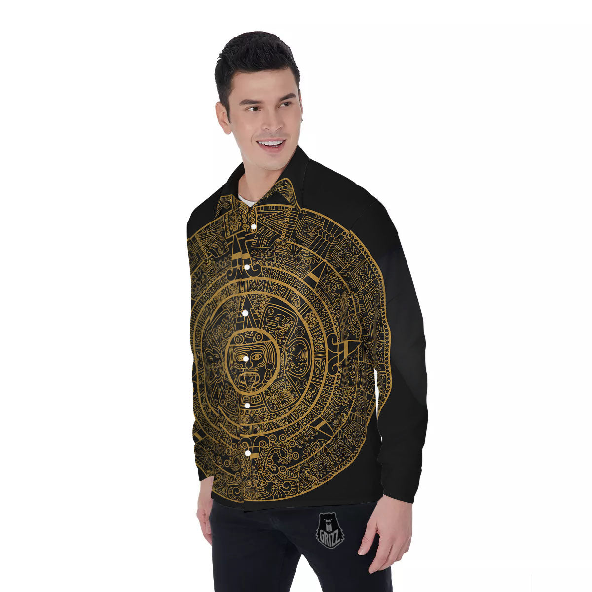 Maya Calendar Yellow And Black Print Men's Long Sleeve Shirts-grizzshop