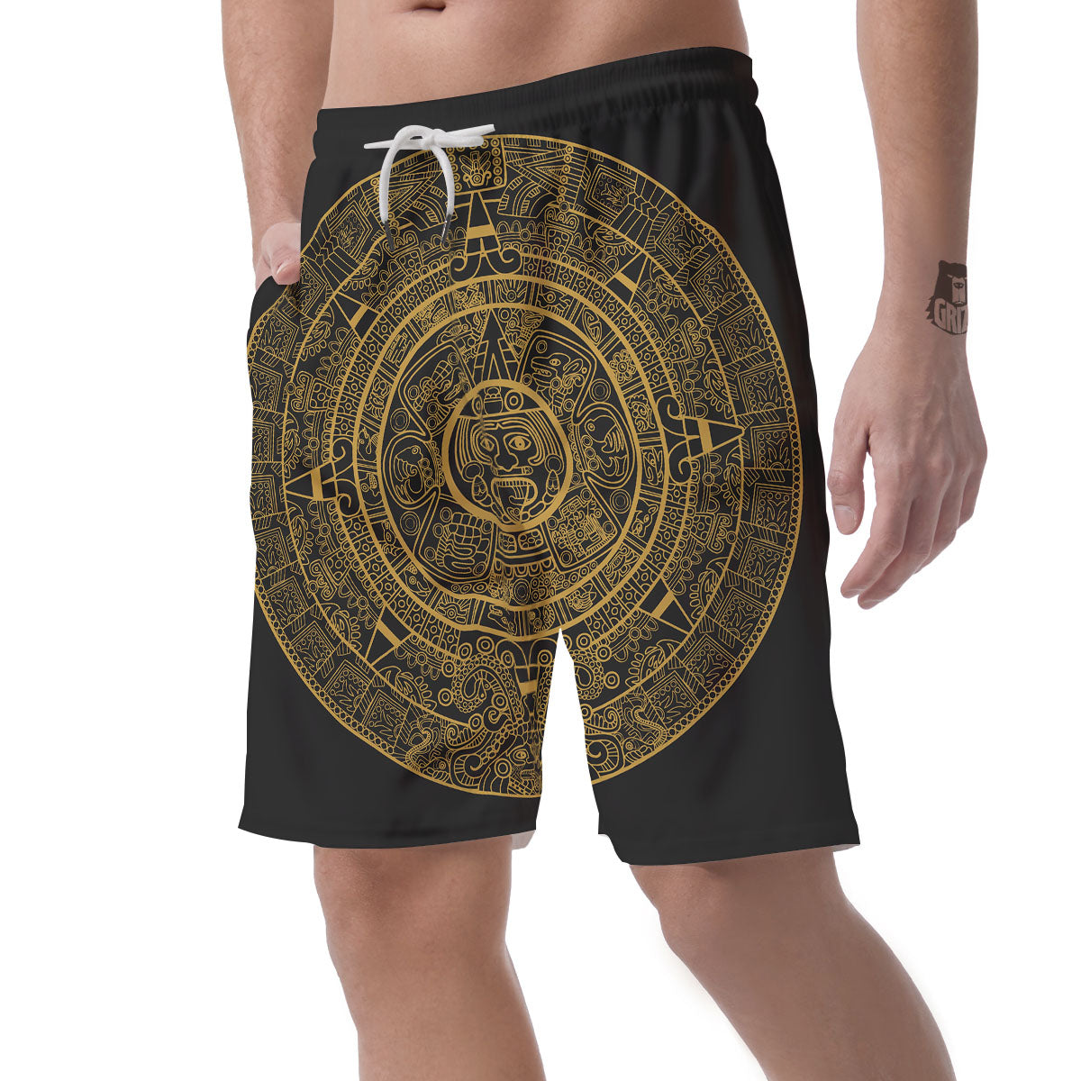 Maya Calendar Yellow And Black Print Men's Shorts-grizzshop