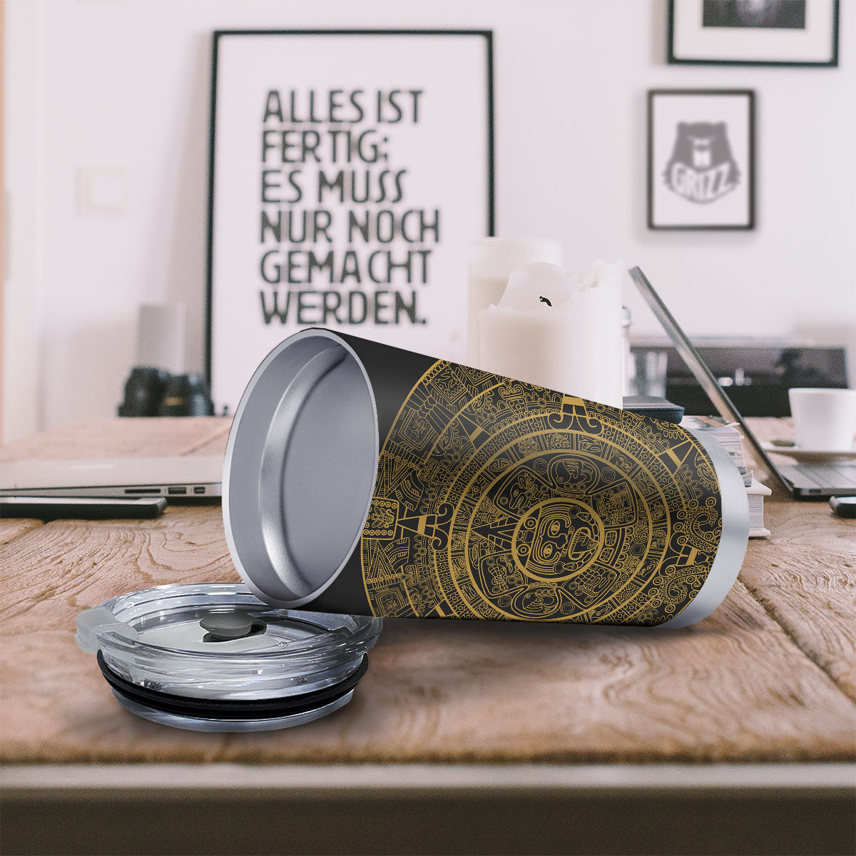 Maya Calendar Yellow And Black Print Tumbler-grizzshop