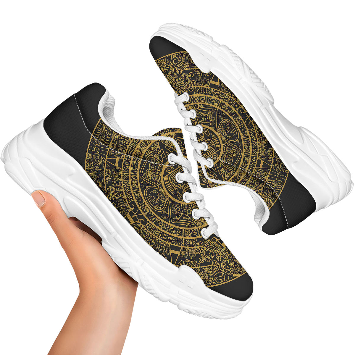 Maya Calendar Yellow And Black Print White Chunky Shoes-grizzshop