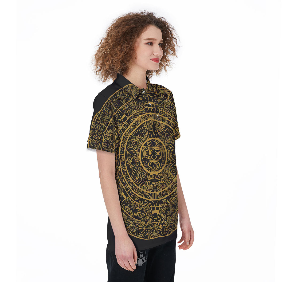 Maya Calendar Yellow And Black Print Women's Golf Shirts-grizzshop