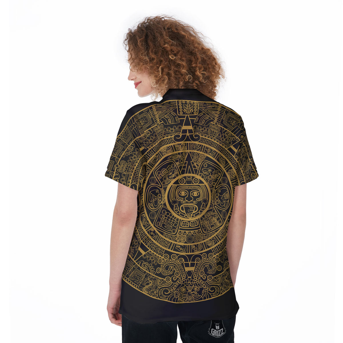 Maya Calendar Yellow And Black Print Women's Golf Shirts-grizzshop