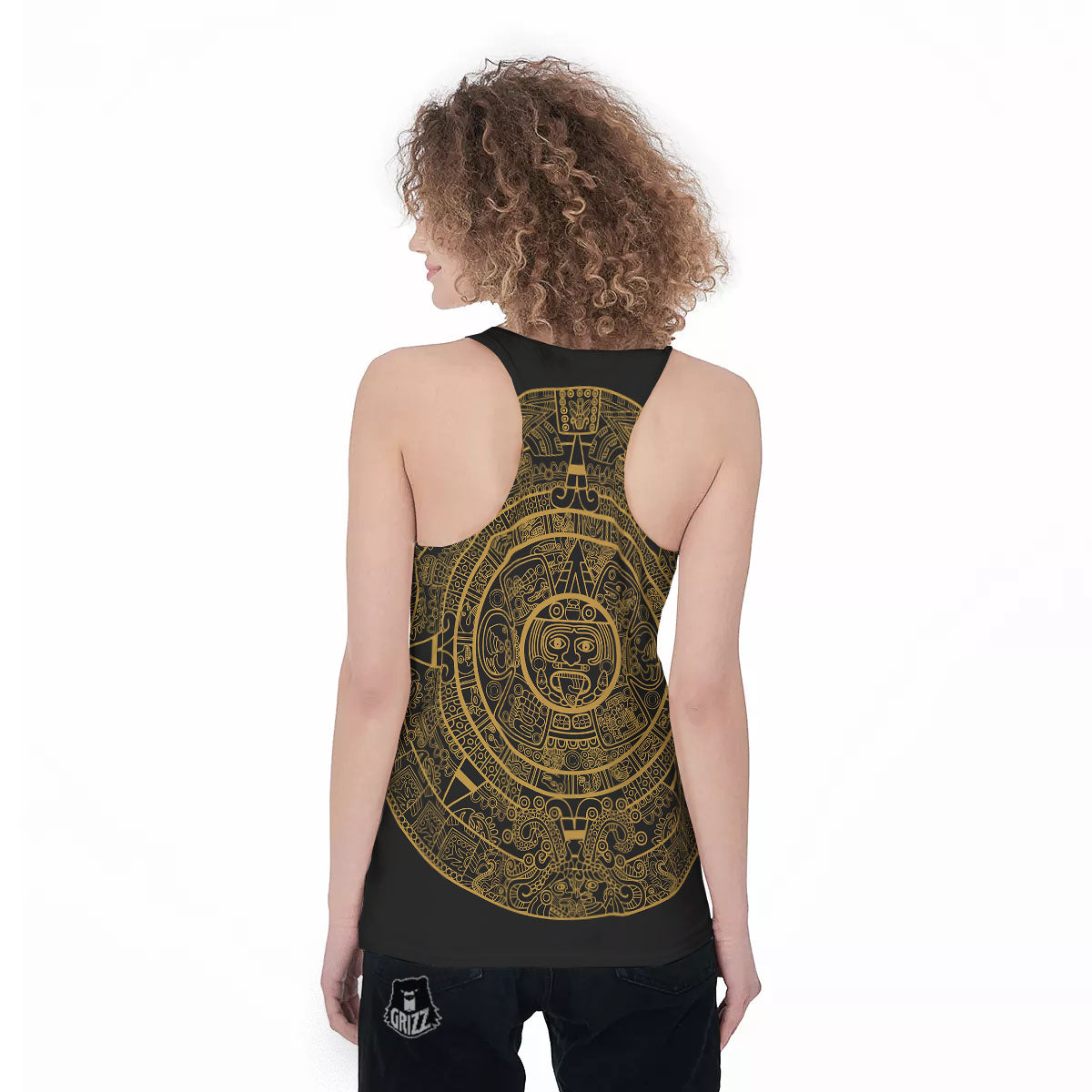 Maya Calendar Yellow And Black Print Women's Racerback Tank Top-grizzshop