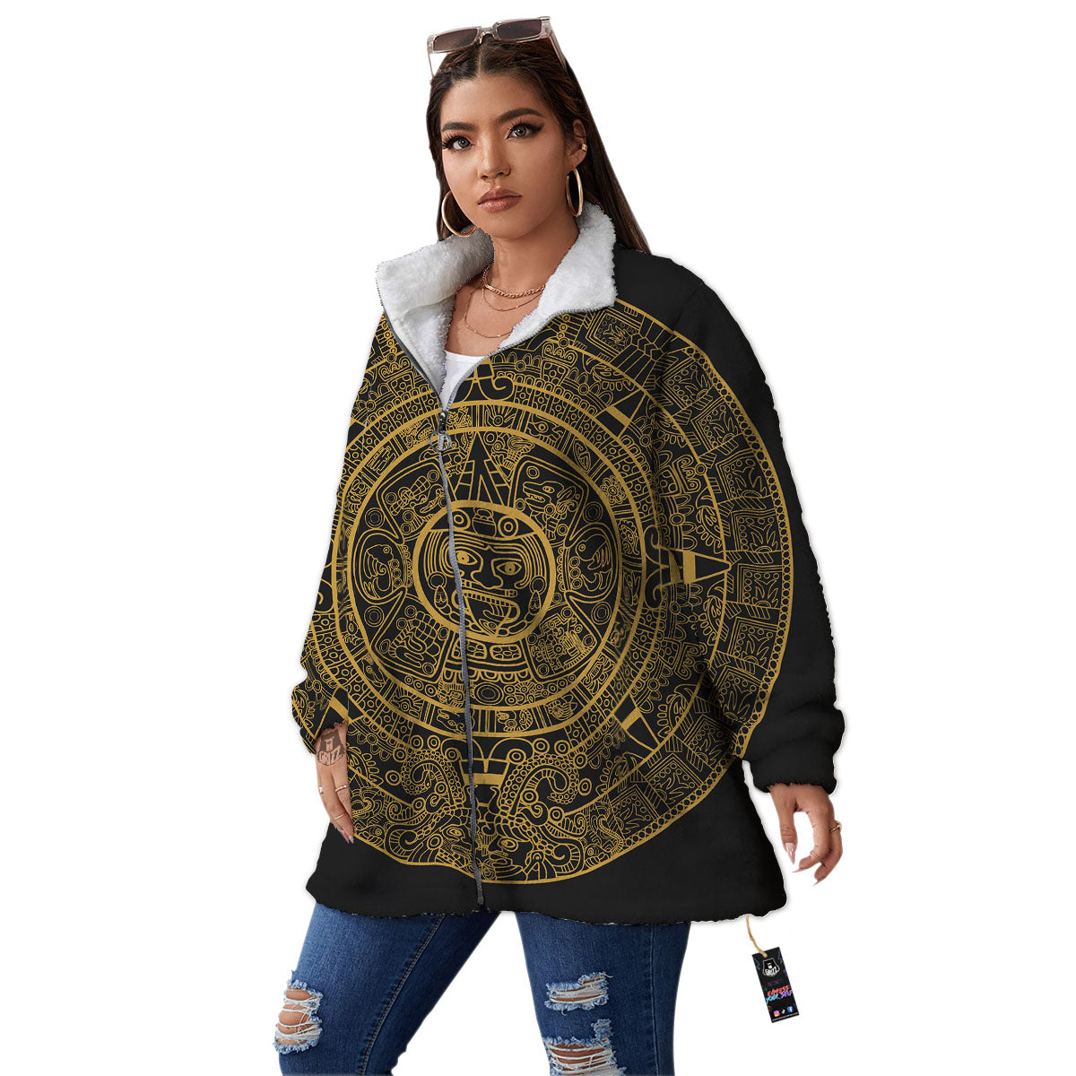Maya Calendar Yellow And Black Print Women's Sherpa Jacket-grizzshop