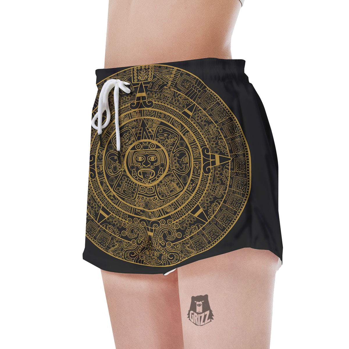 Maya Calendar Yellow And Black Print Women's Shorts-grizzshop