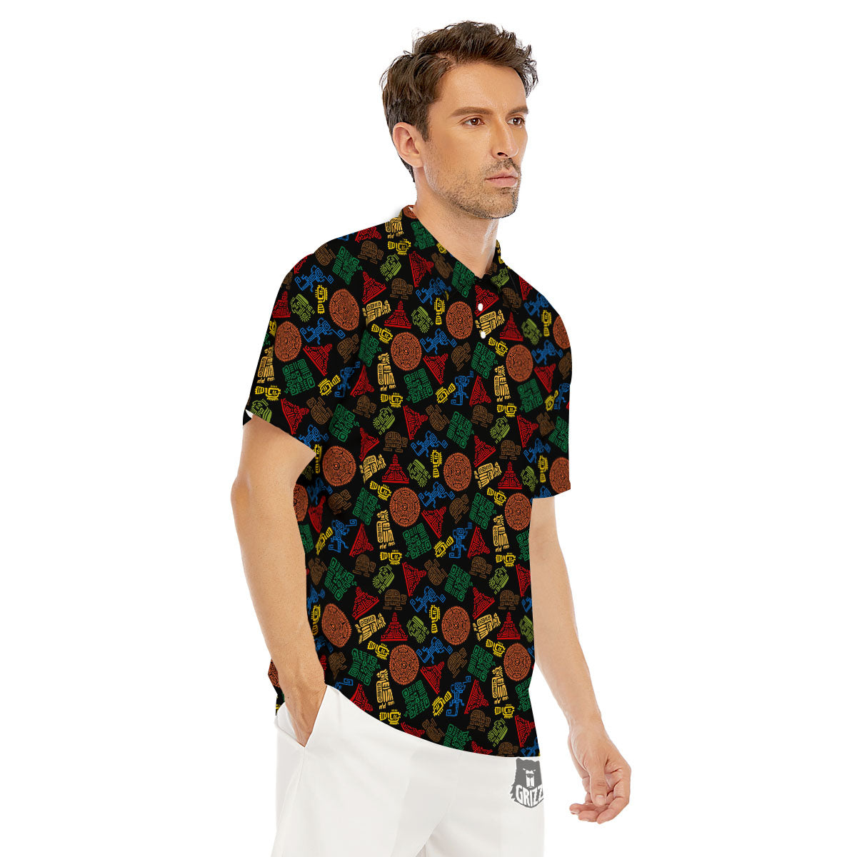 Maya Colorful Print Pattern Men's Golf Shirts-grizzshop
