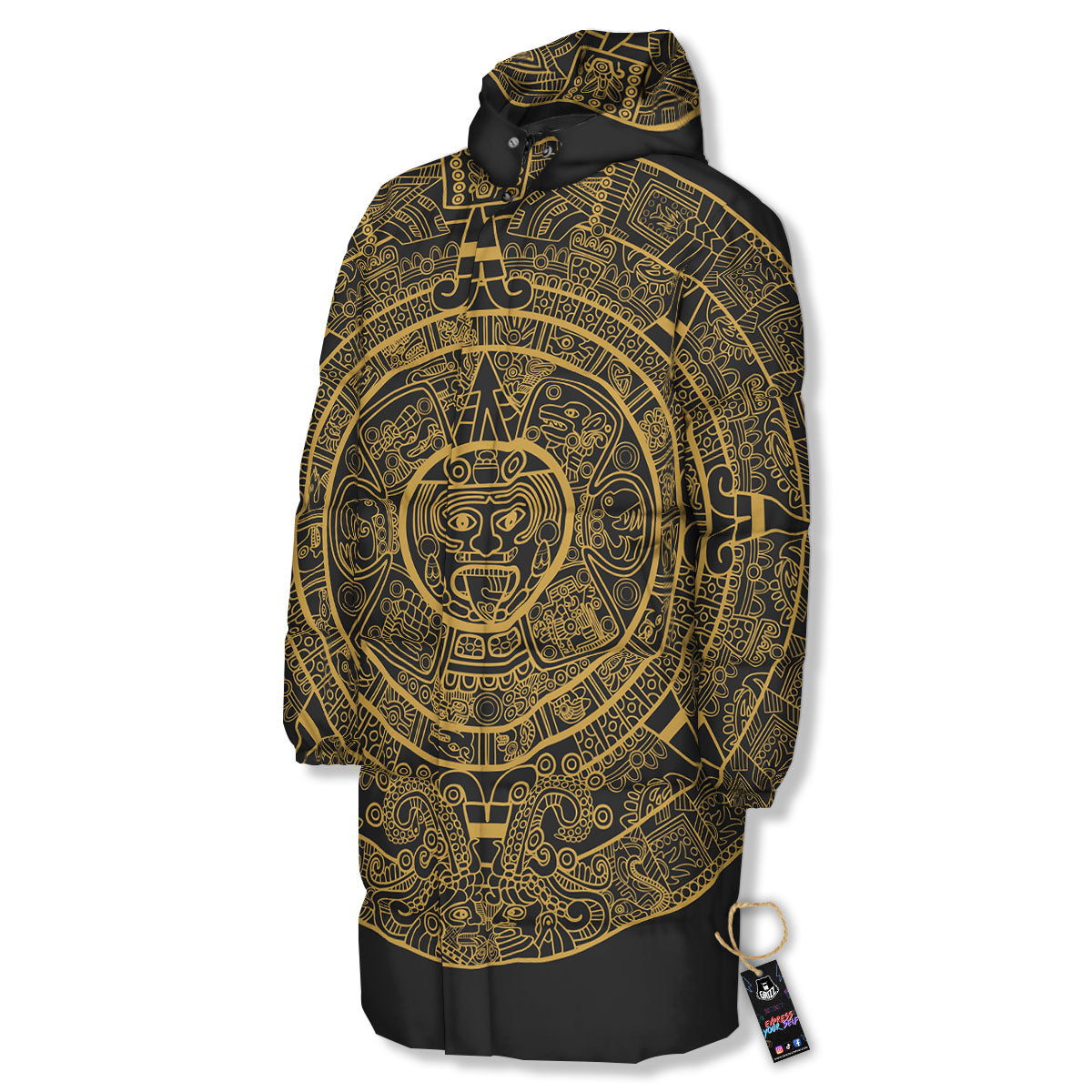 Maya Calendar Yellow And Black Print Long Down Jacket