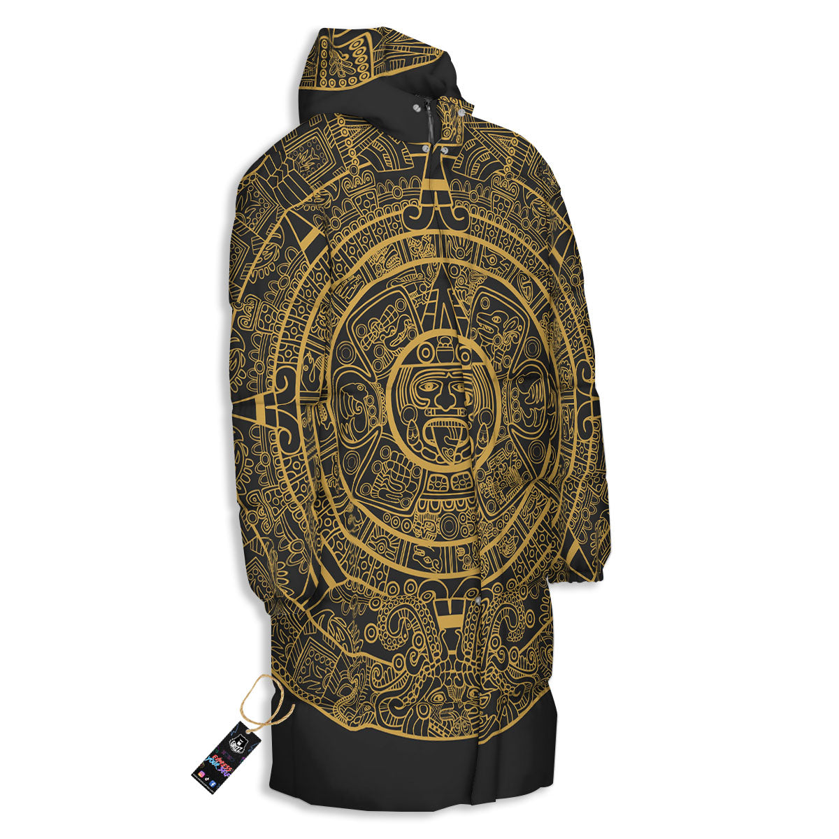 Maya Calendar Yellow And Black Print Long Down Jacket