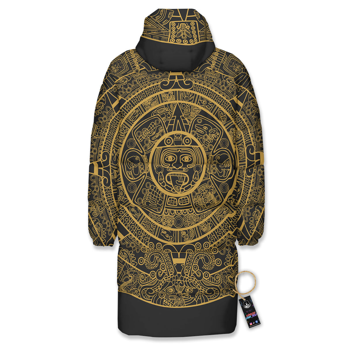 Maya Calendar Yellow And Black Print Long Down Jacket