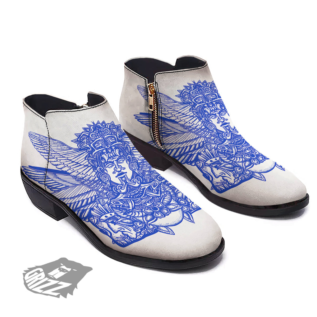Mayan Statue White And Blue Print Ankle Boots-grizzshop
