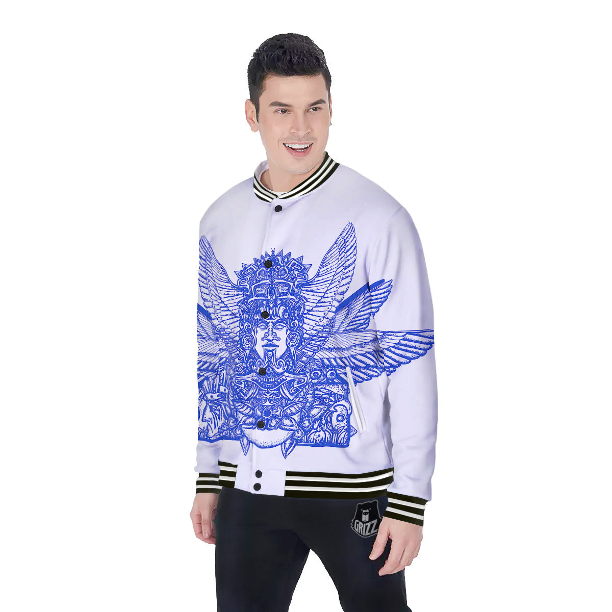 Mayan Statue White And Blue Print Baseball Jacket-grizzshop