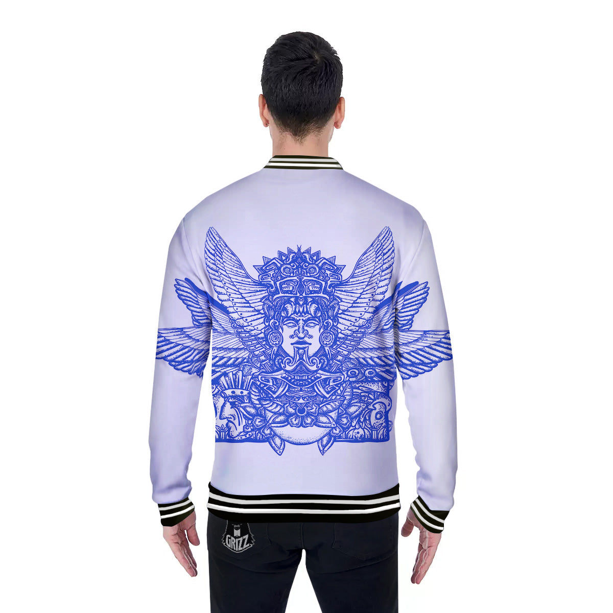 Mayan Statue White And Blue Print Baseball Jacket-grizzshop
