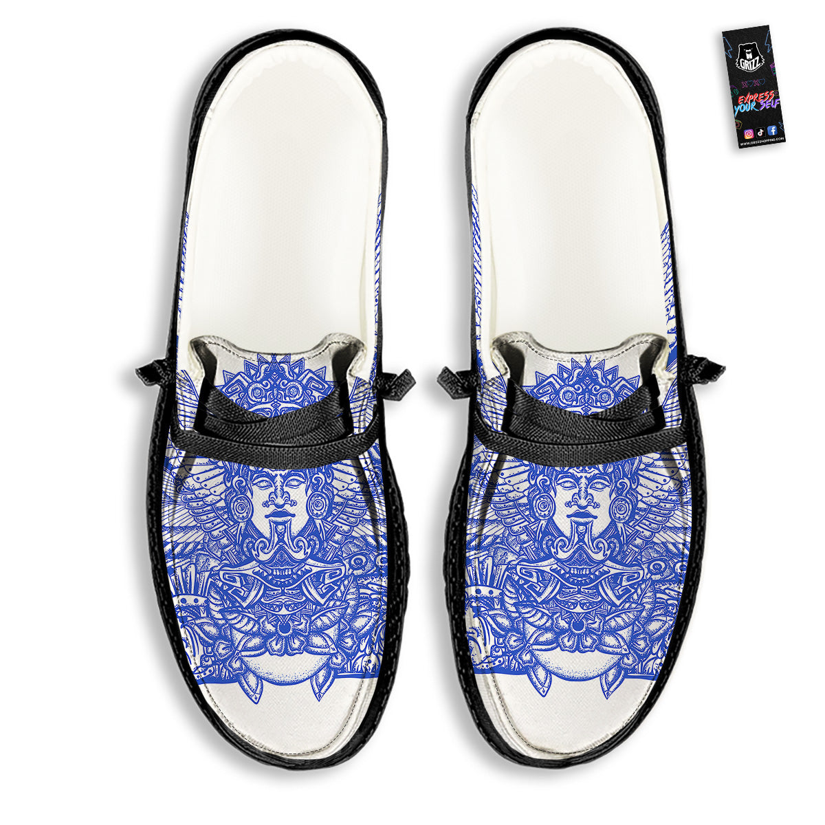 Mayan Statue White And Blue Print Black Loafers-grizzshop