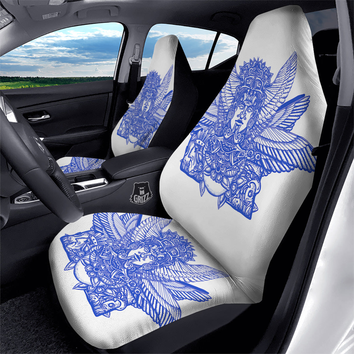 Mayan Statue White And Blue Print Car Seat Covers-grizzshop
