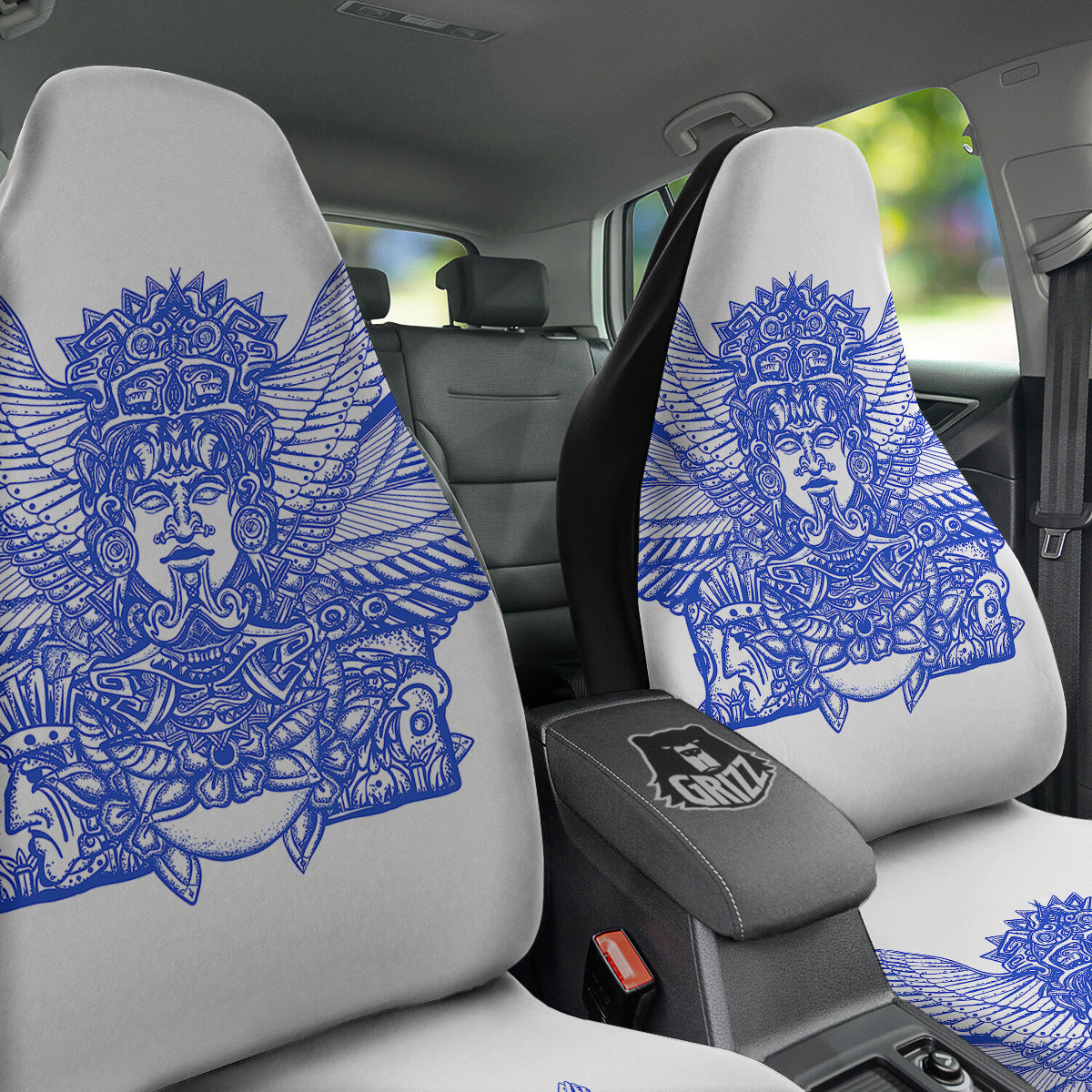 Mayan Statue White And Blue Print Car Seat Covers-grizzshop