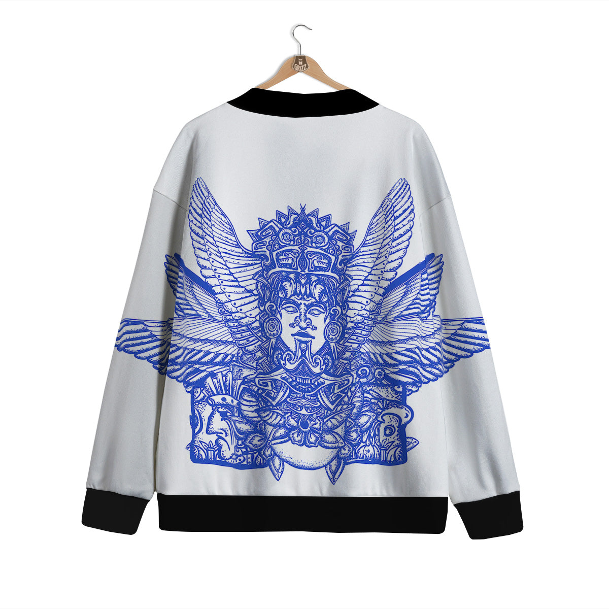 Mayan Statue White And Blue Print Cardigan-grizzshop