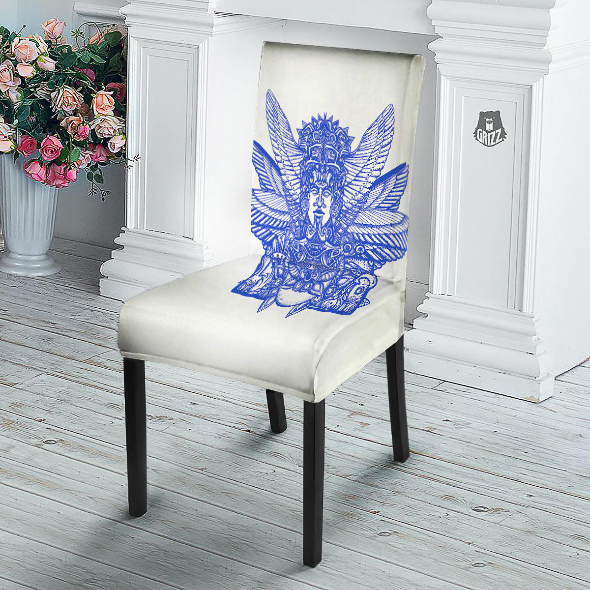 Mayan Statue White And Blue Print Dining Chair Slipcover-grizzshop