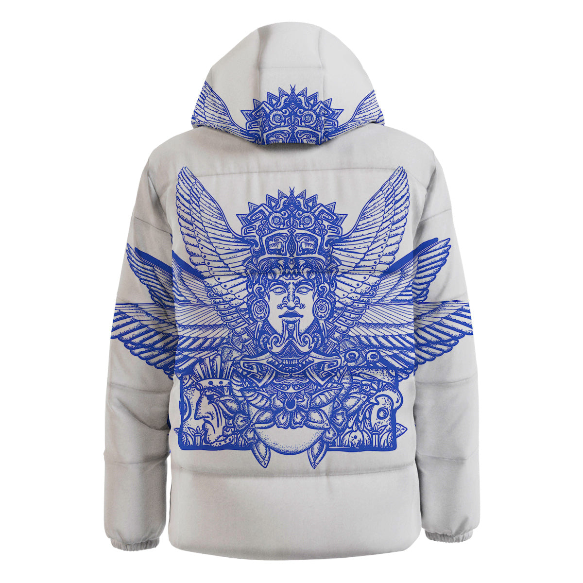 Mayan Statue White And Blue Print Down Jacket-grizzshop