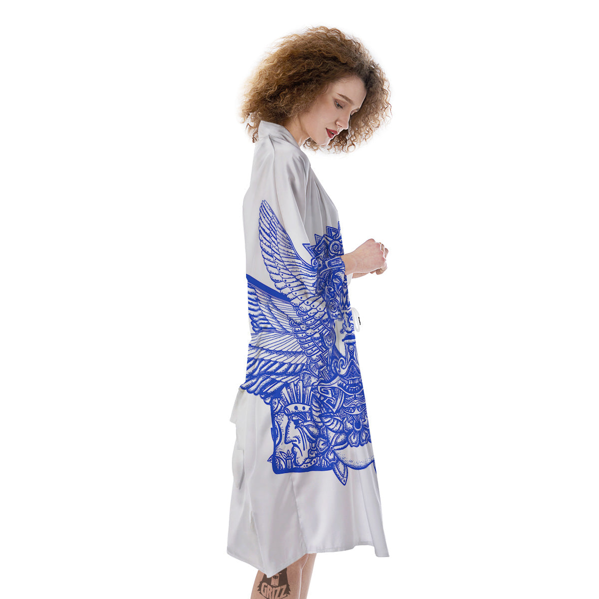 Mayan Statue White And Blue Print Kimono-grizzshop