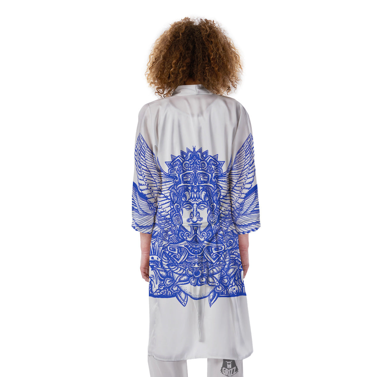 Mayan Statue White And Blue Print Kimono-grizzshop