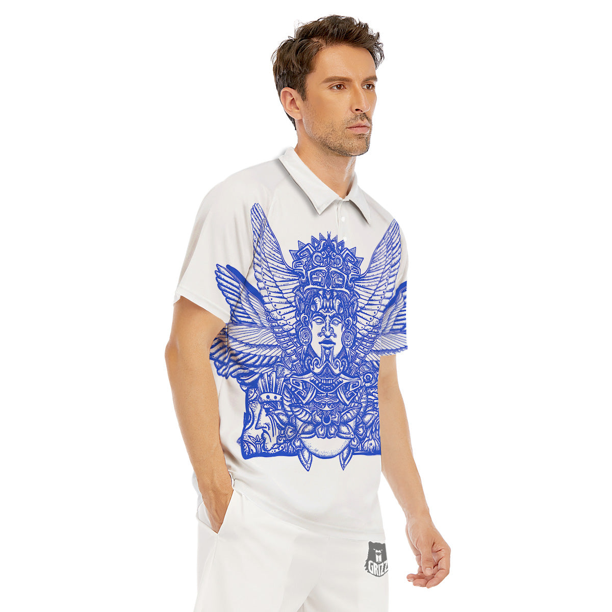 Mayan Statue White And Blue Print Men's Golf Shirts-grizzshop