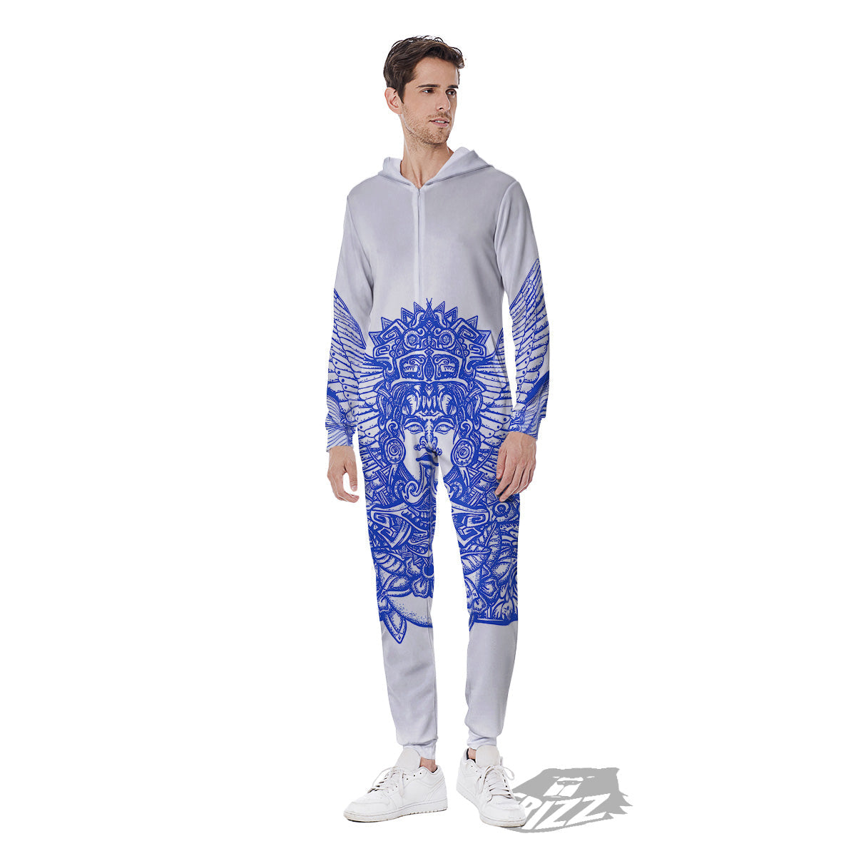 Mayan Statue White And Blue Print Men's Jumpsuit-grizzshop