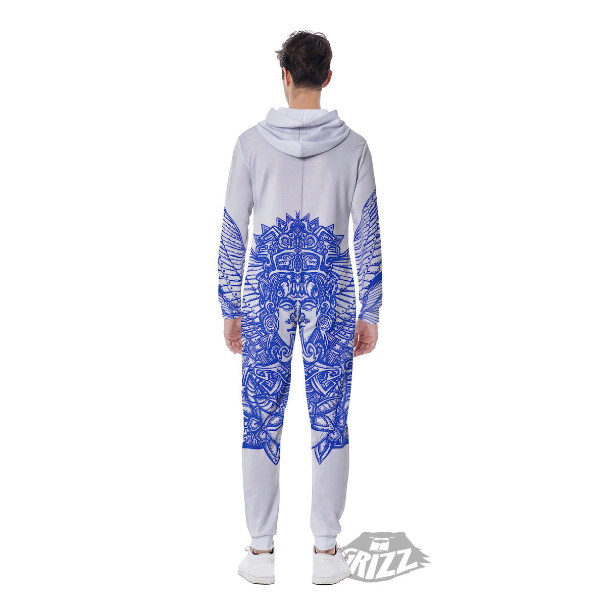 Mayan Statue White And Blue Print Men's Jumpsuit-grizzshop