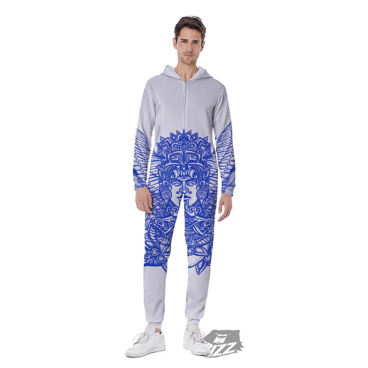 Mayan Statue White And Blue Print Men's Jumpsuit-grizzshop