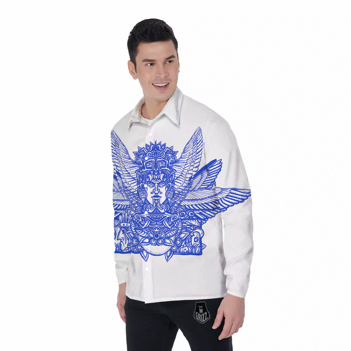 Mayan Statue White And Blue Print Men's Long Sleeve Shirts-grizzshop