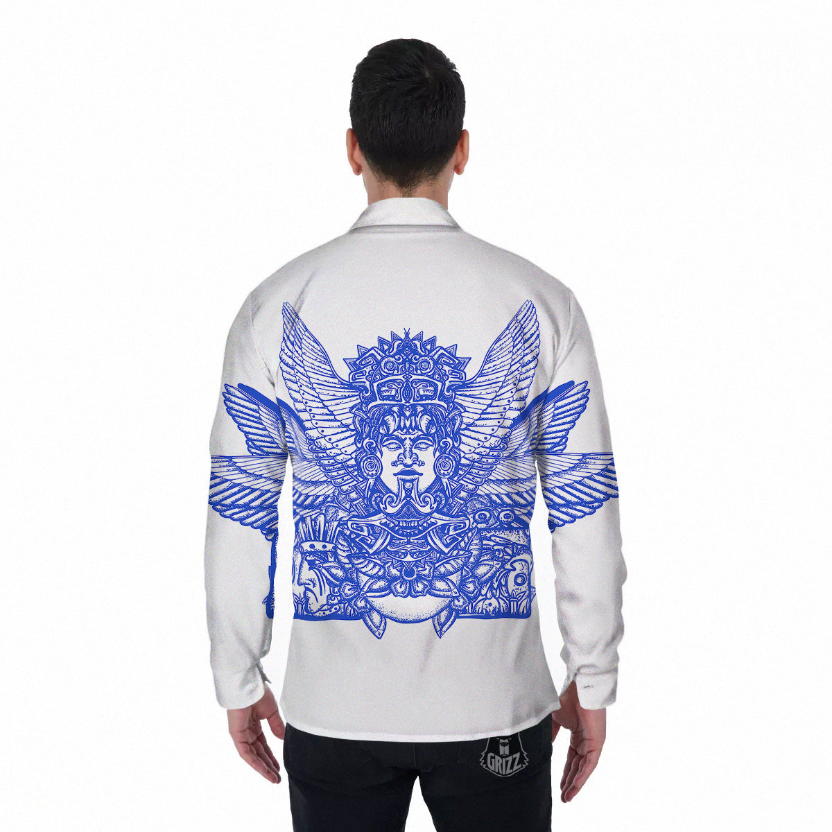 Mayan Statue White And Blue Print Men's Long Sleeve Shirts-grizzshop
