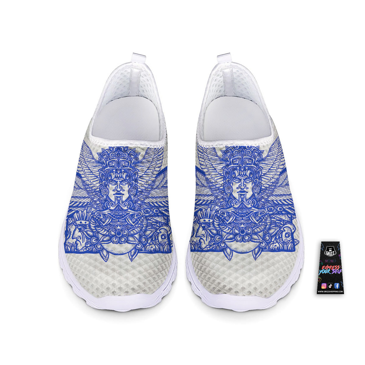 Mayan Statue White And Blue Print Nurse Shoes-grizzshop