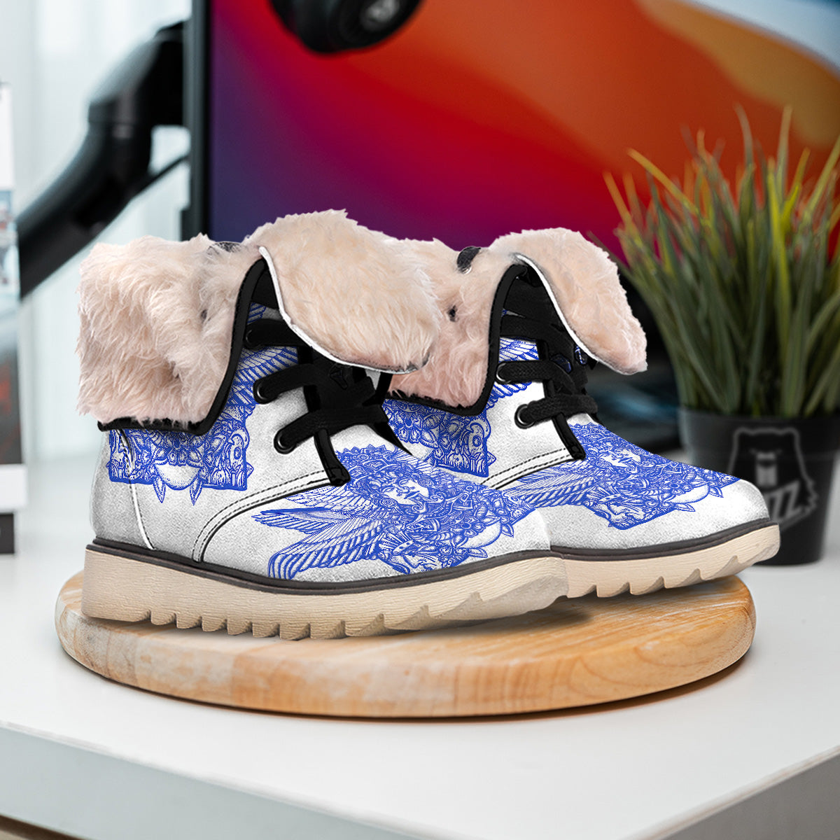 Mayan Statue White And Blue Print Snow Boots-grizzshop