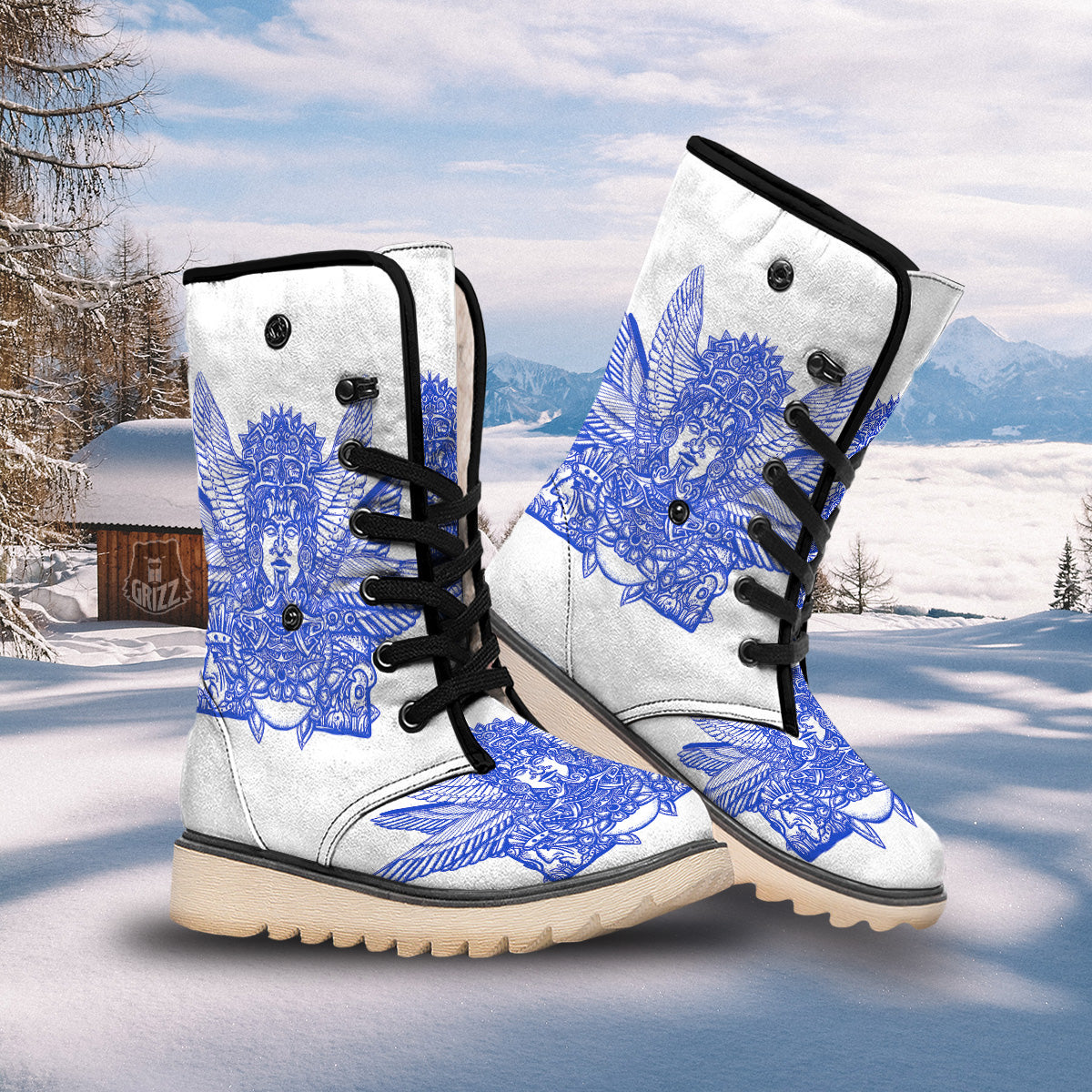 Mayan Statue White And Blue Print Snow Boots-grizzshop