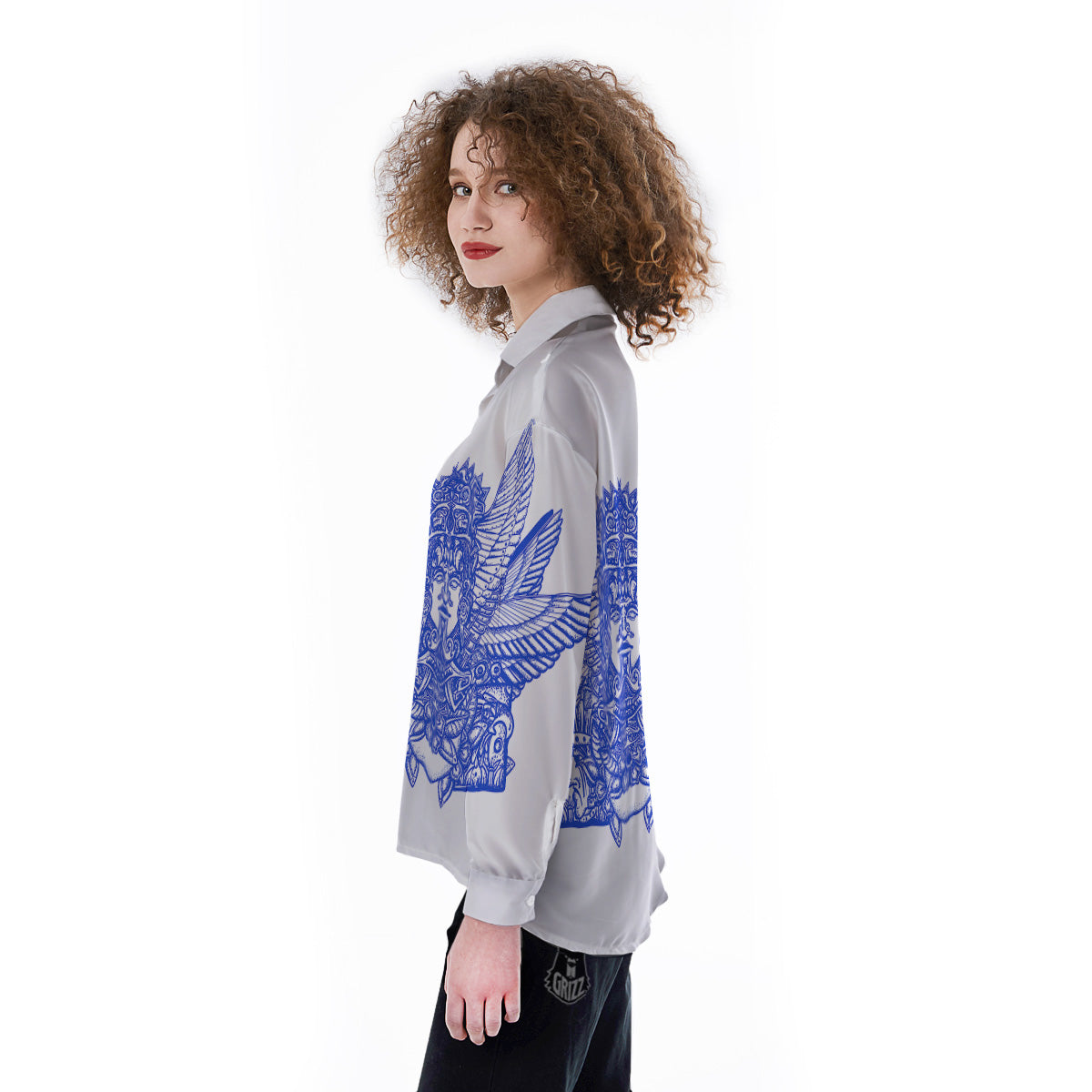 Mayan Statue White And Blue Print Women's Long Sleeve Shirts-grizzshop