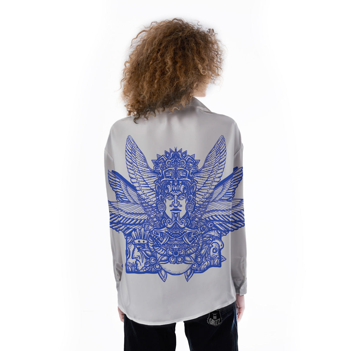 Mayan Statue White And Blue Print Women's Long Sleeve Shirts-grizzshop