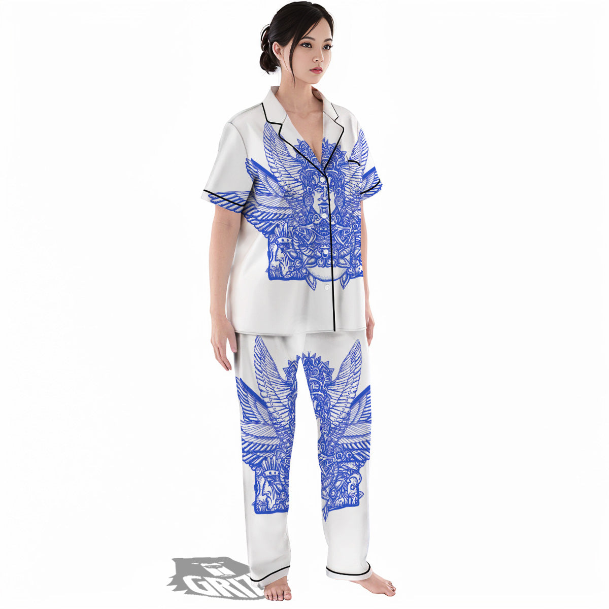 Mayan Statue White And Blue Print Women's Pajamas Set-grizzshop