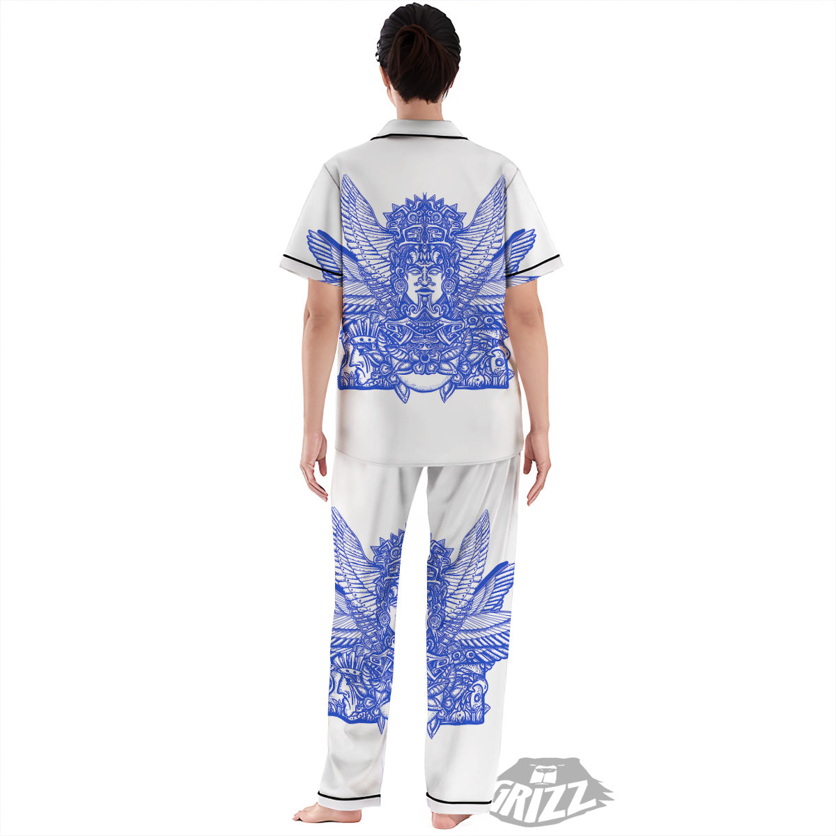 Mayan Statue White And Blue Print Women's Pajamas Set-grizzshop