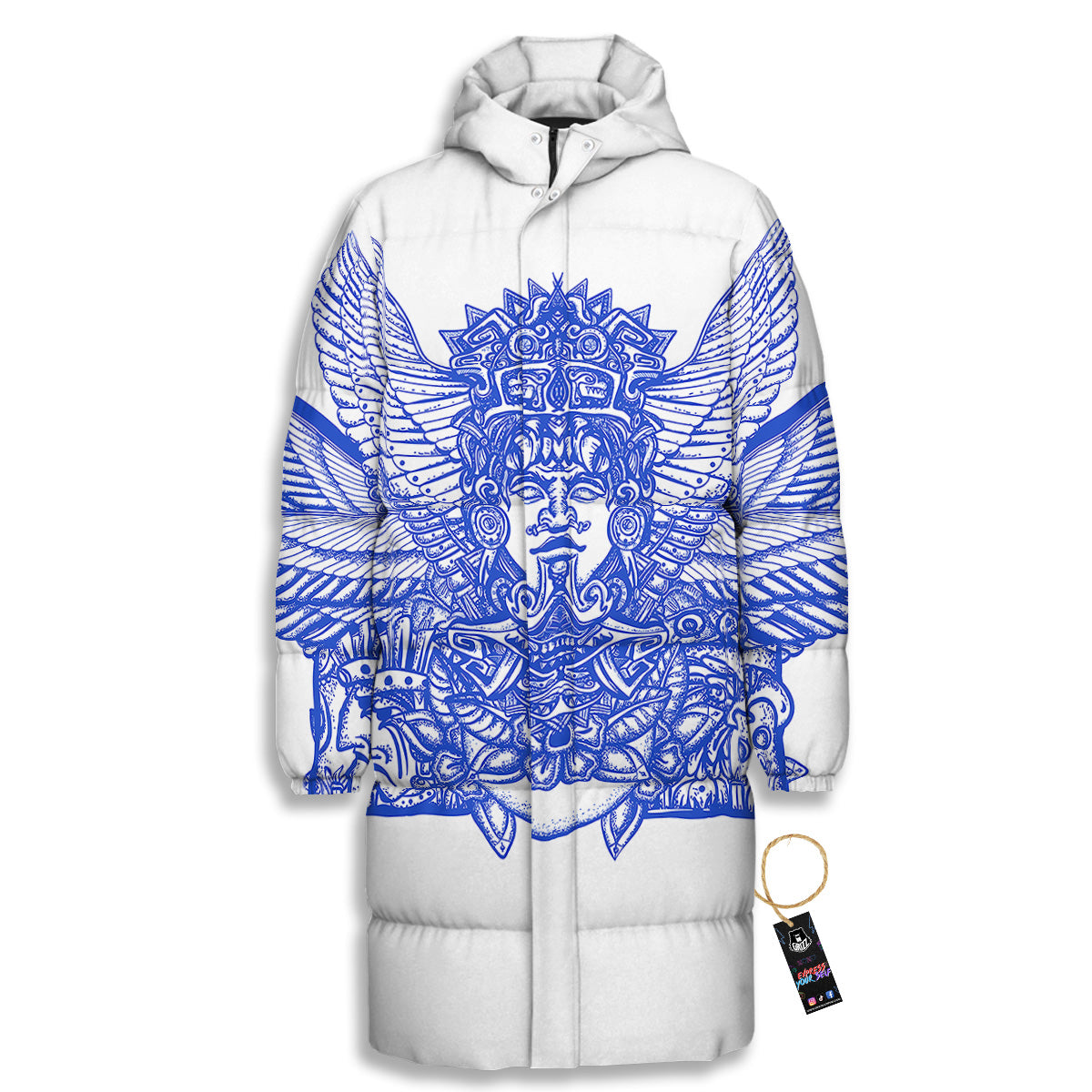 Mayan Statue White And Blue Print Long Down Jacket
