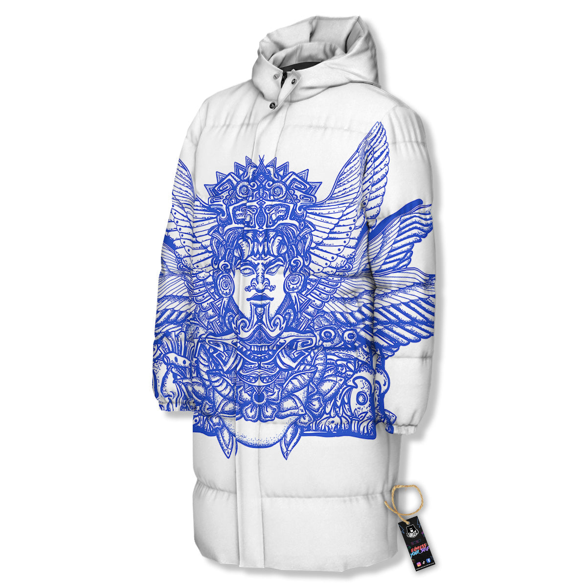 Mayan Statue White And Blue Print Long Down Jacket