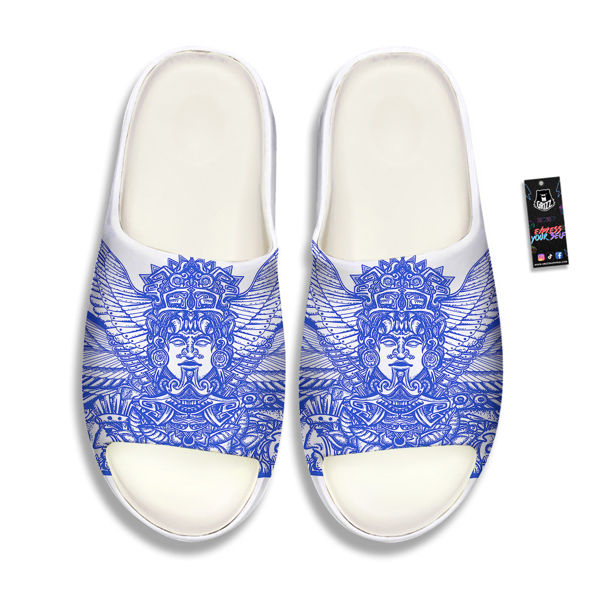 Mayan Statue White And Blue Print Sandals-grizzshop