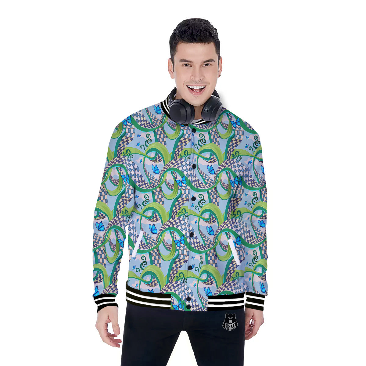 Maze Checkered Print Pattern Baseball Jacket-grizzshop