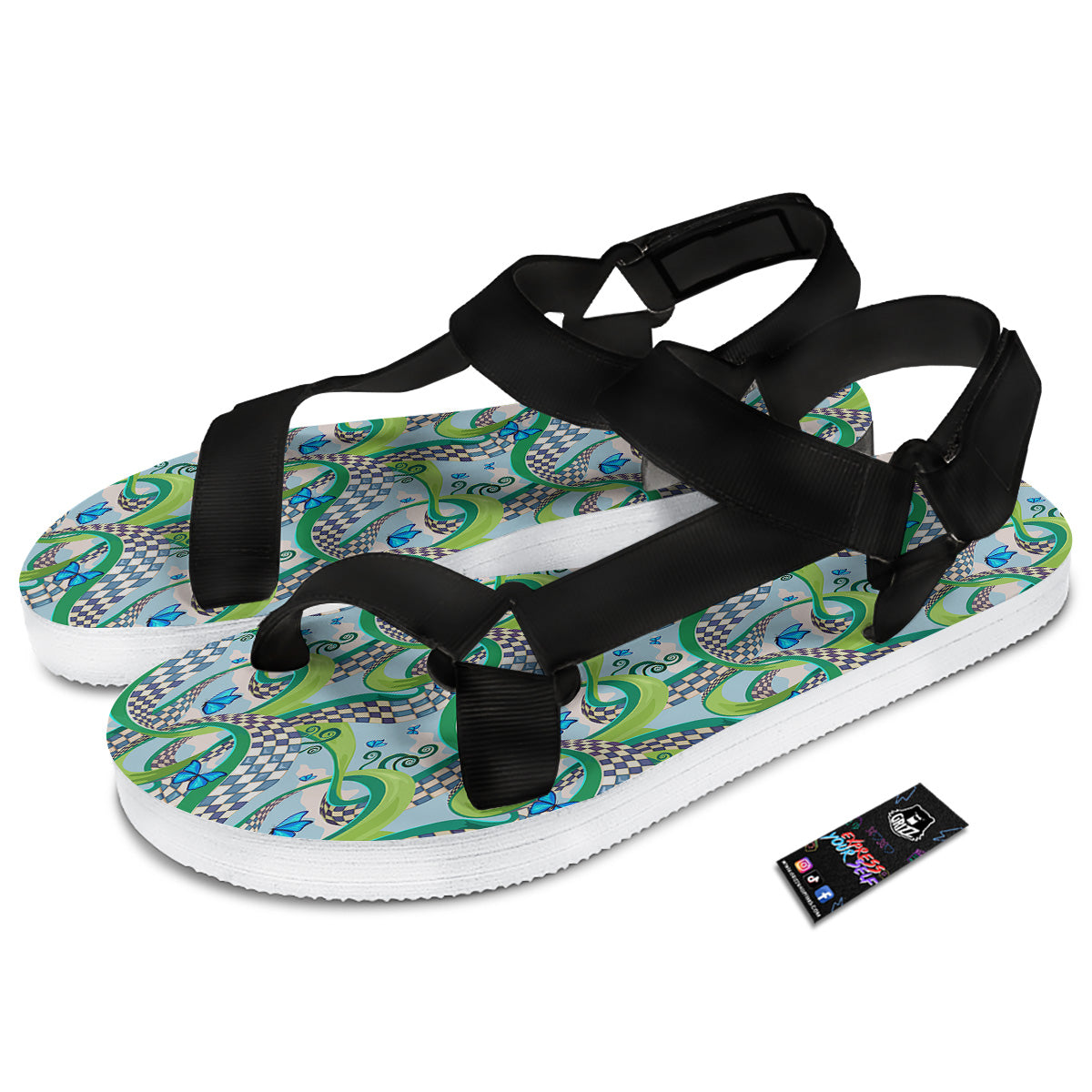 Maze Checkered Print Pattern Black Open Toe Sandals-grizzshop