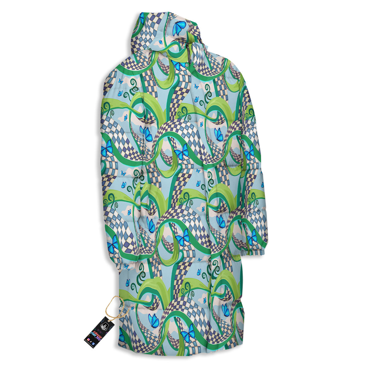 Maze Checkered Print Pattern Long Down Jacket-grizzshop