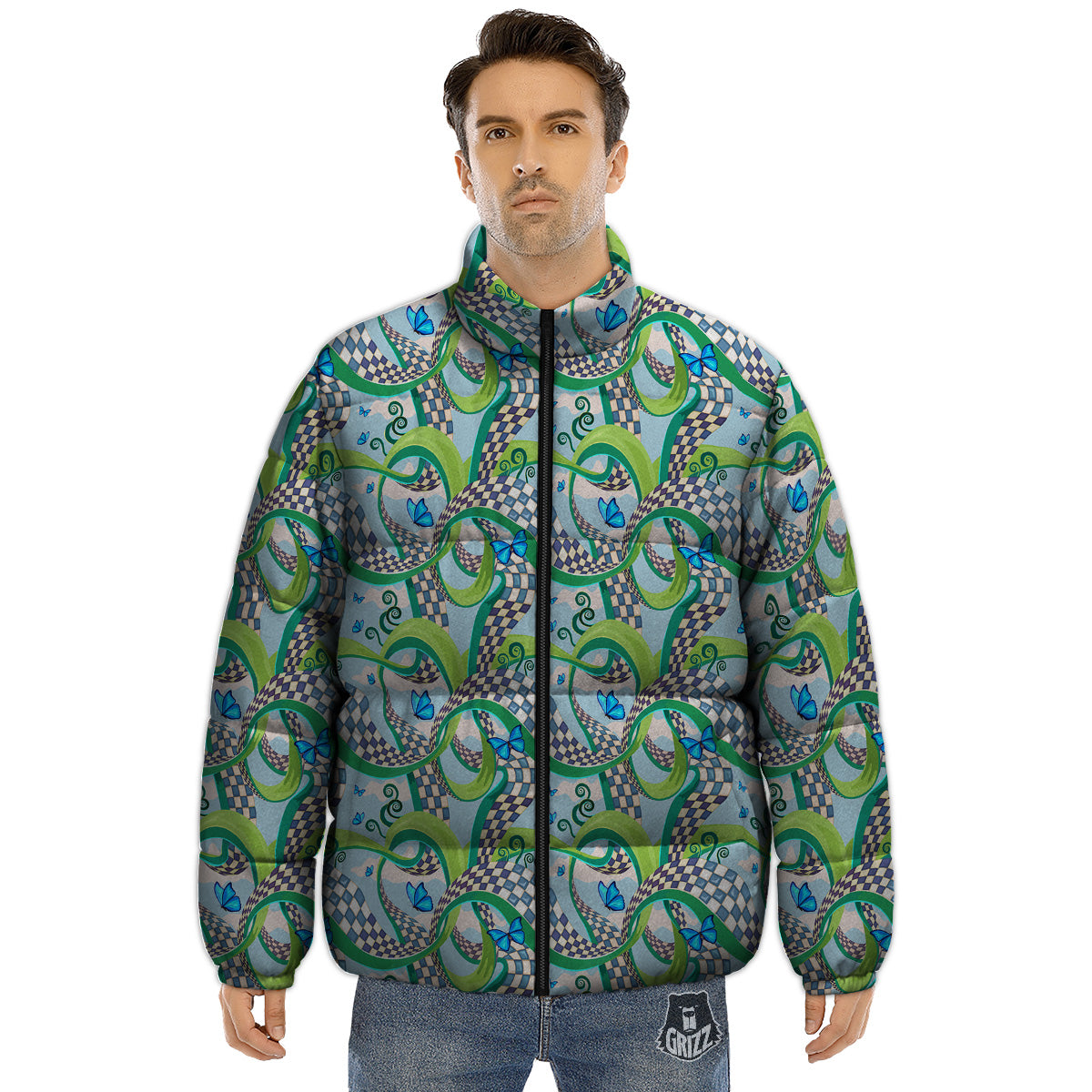 Maze Checkered Print Pattern Puffer Jacket-grizzshop