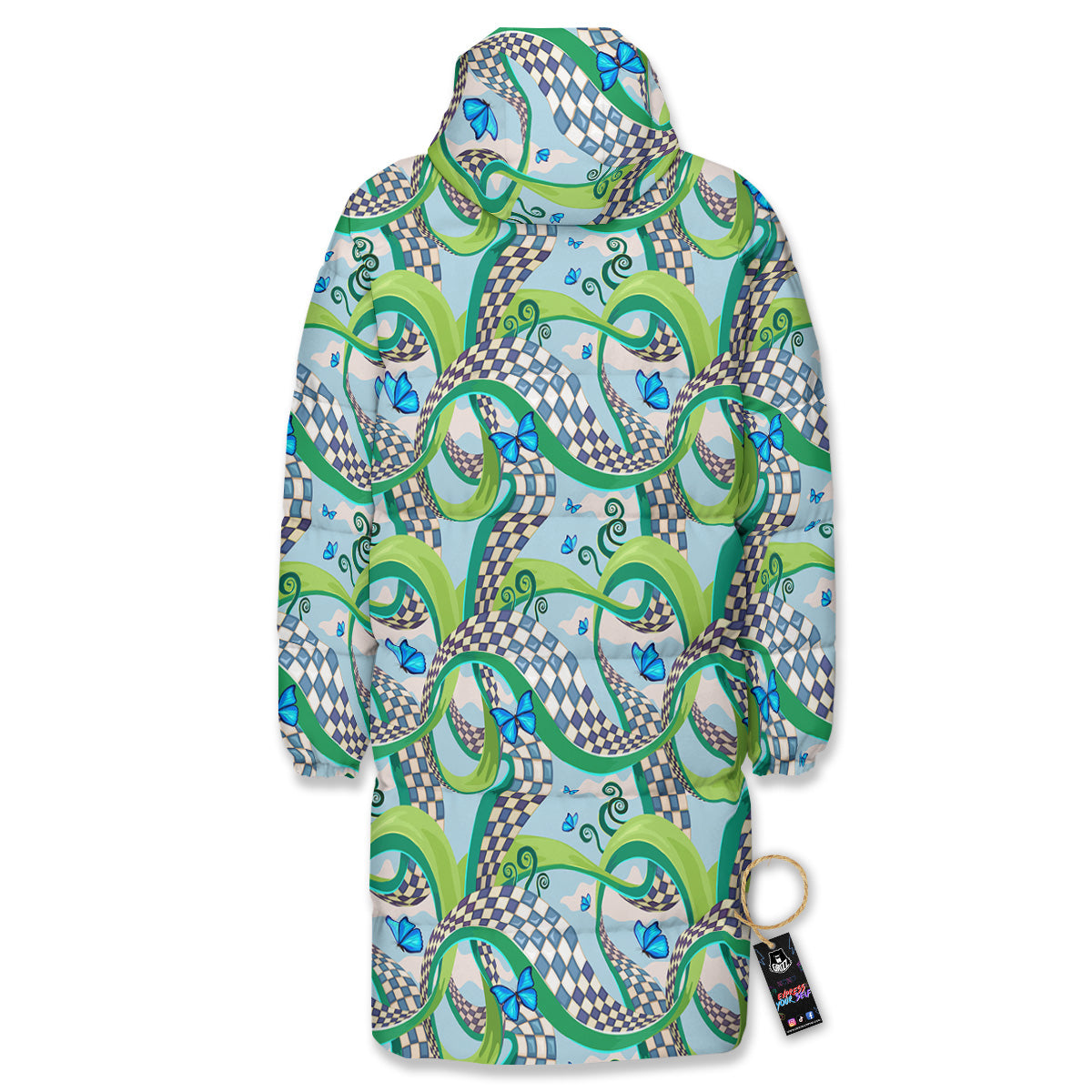 Maze Checkered Print Pattern Long Down Jacket